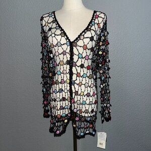 Vintage MIRASOL NWT Mesh Beaded Open Crochet Cardigan - Black & Multi - XL